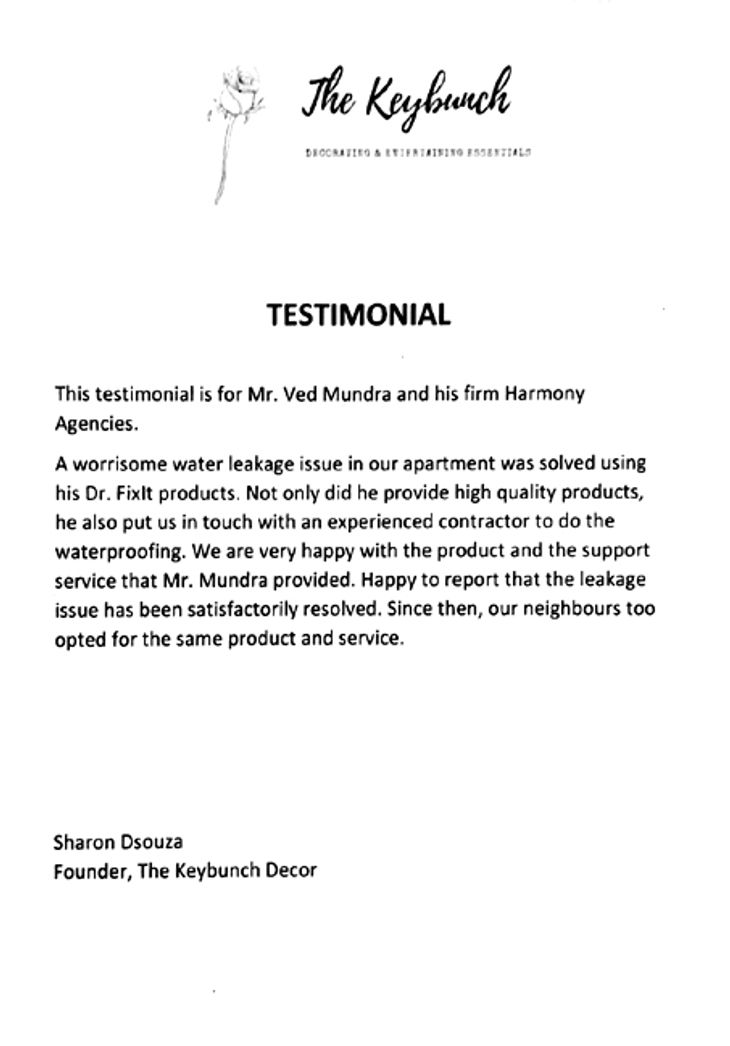 Customer testimonial letter for Harmony Agencies