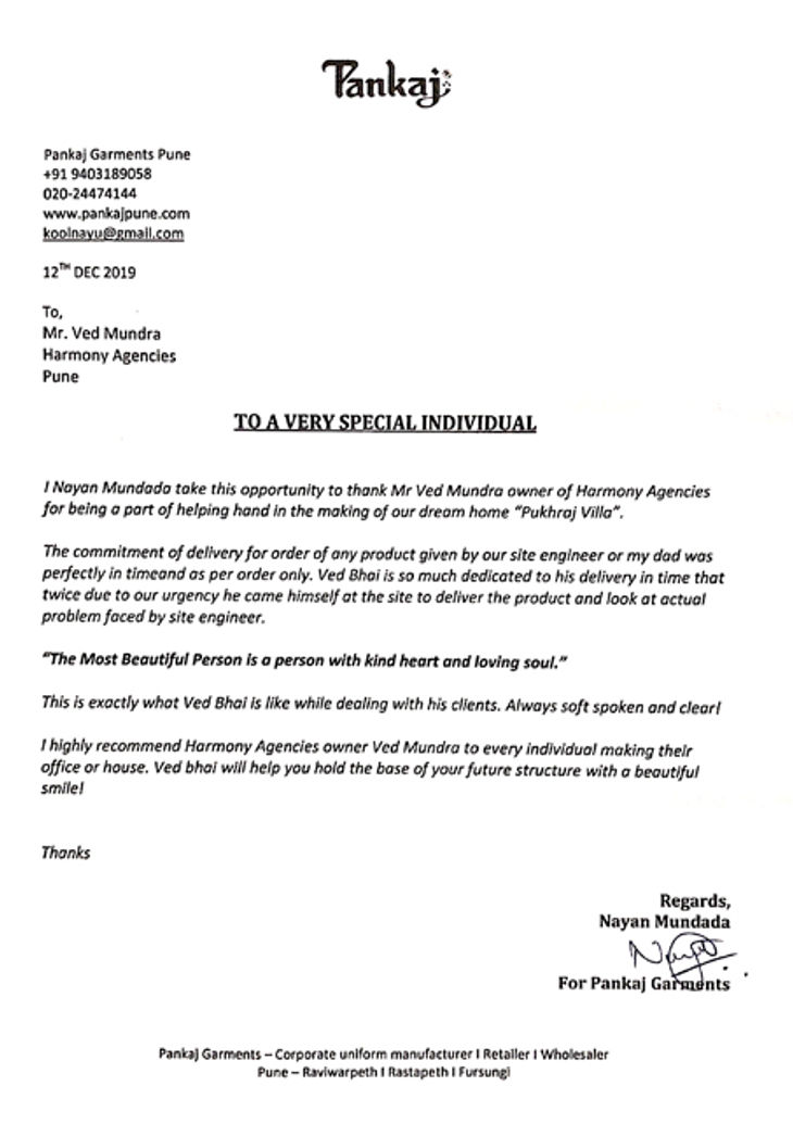 Customer testimonial letter for Harmony Agencies